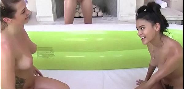  BFFs oil wrestling in inflatable pool